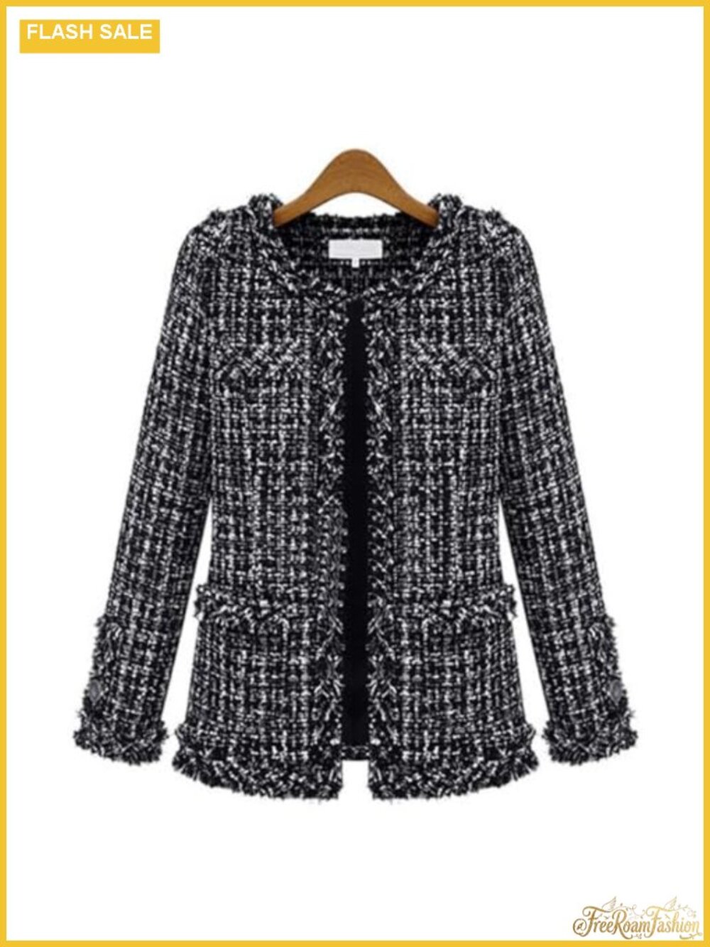 Women's Elegant Open Front Fringed Plaid Tweed Jacket